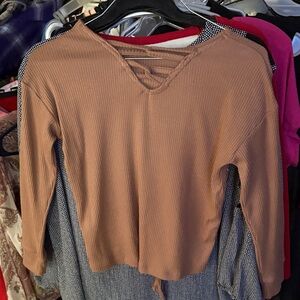 Place Camel Ribbed V-Neck Blouse